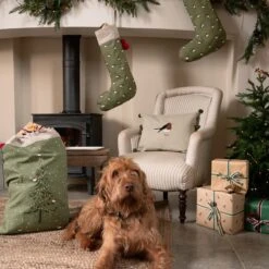 Robin Linen Blend Embroidered Cushion -Sophie Allport all101590 all101595 lin101401 rw101000ct robin Christmas sack stocking cushion wrapping paper dog lounge portrait lifestyle high res square 1 49a68bd7 b953 4352 ae23 fc61966c7dd9