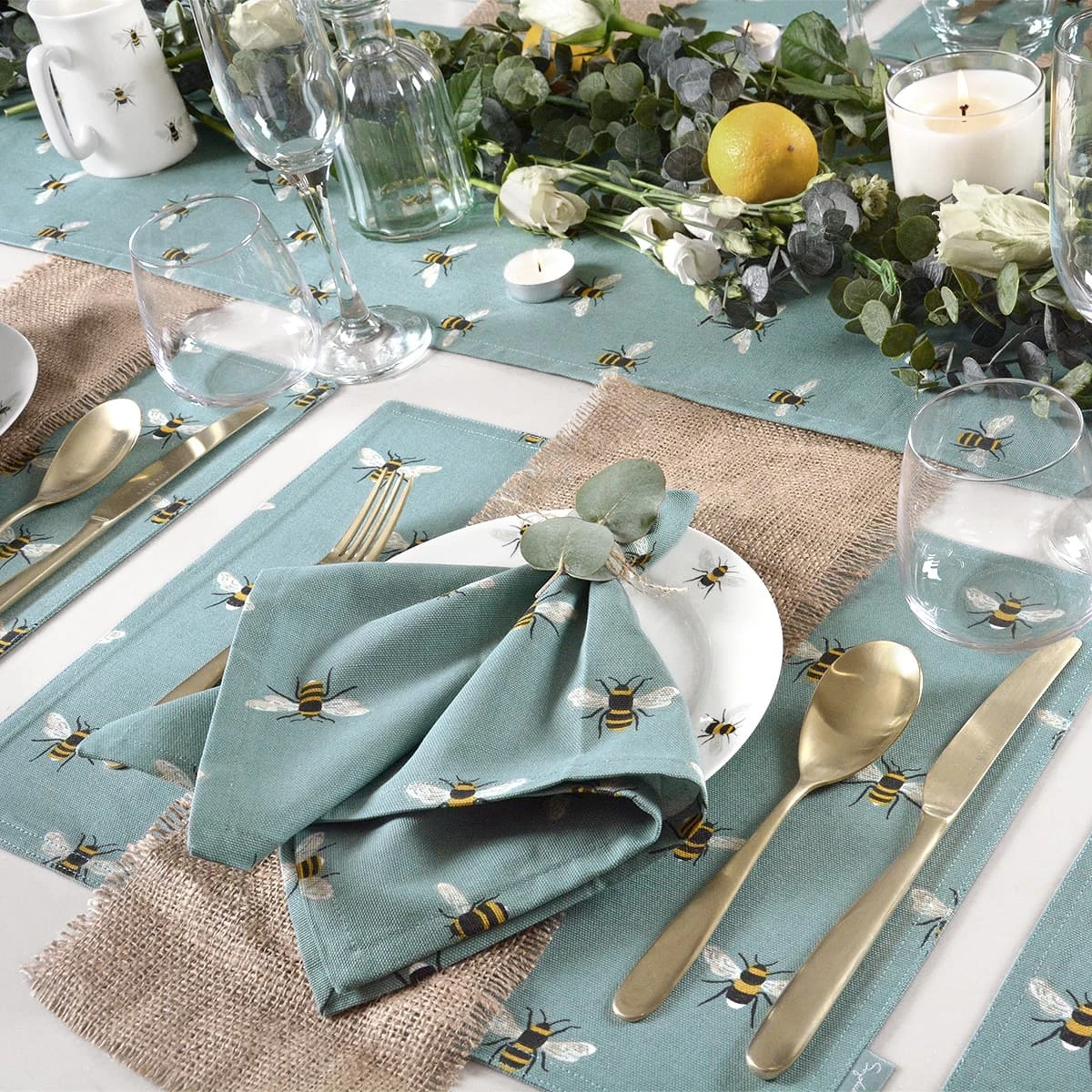 Bees Teal Table Runner 3 Bees Teal Table Runner - Image 3