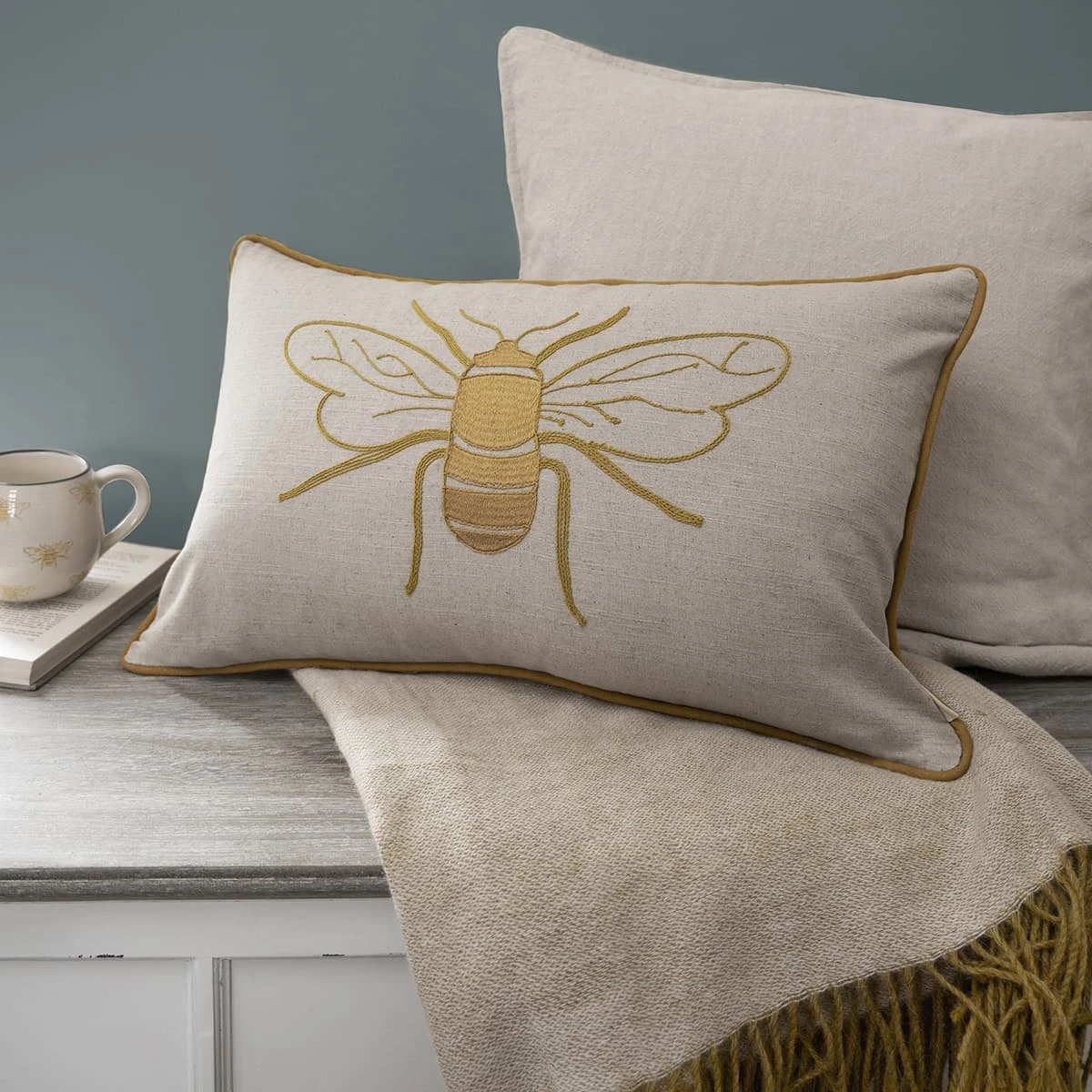 Bees Linen Blend Embroidered Cushion 2 Bees Linen Blend Embroidered Cushion - Image 2
