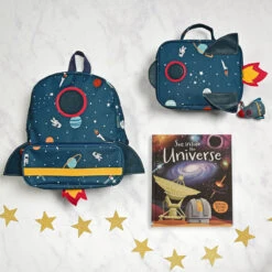 Space Kids Backpack -Sophie Allport poly62520s poly62590s all62640 space shaped polyester back pack lunch bag and key ring lifestyle high res square
